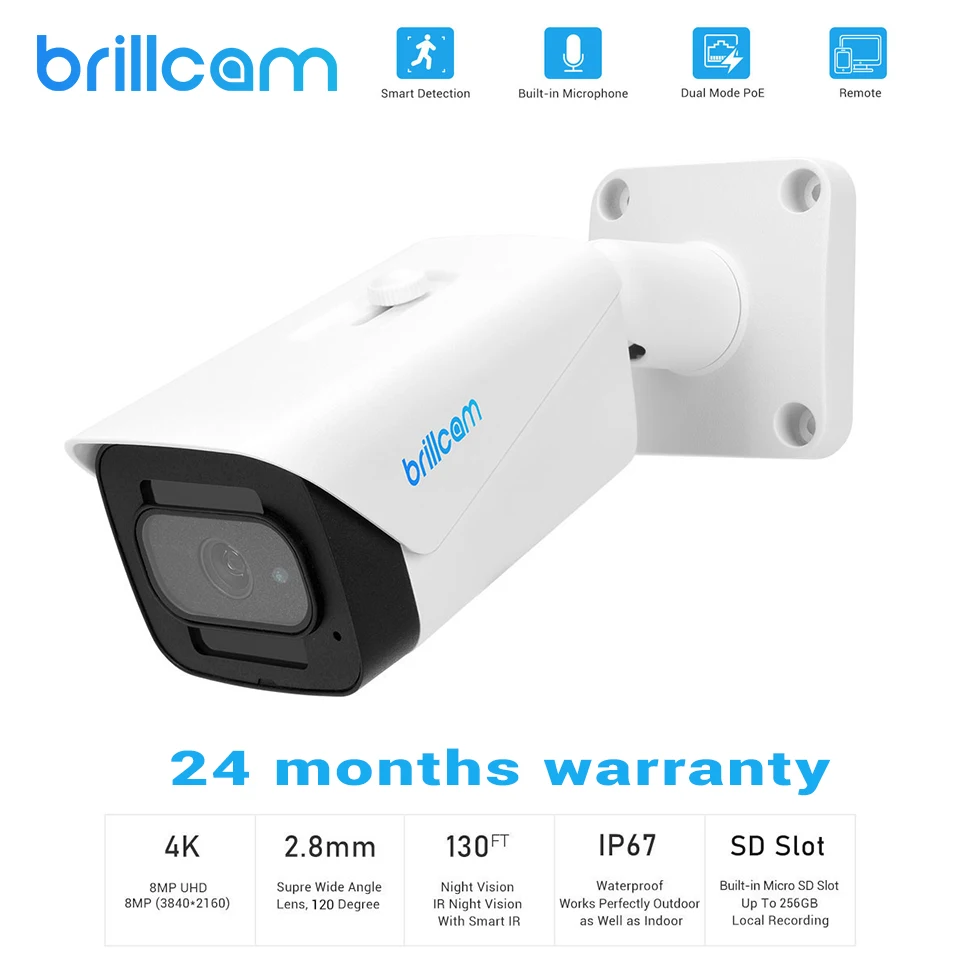 

Brillcam 4K IP Camera Outdoor 8MP Waterproof Bullet IP Camera POE Microphone SD Slot Home Night Vision Security Camera System