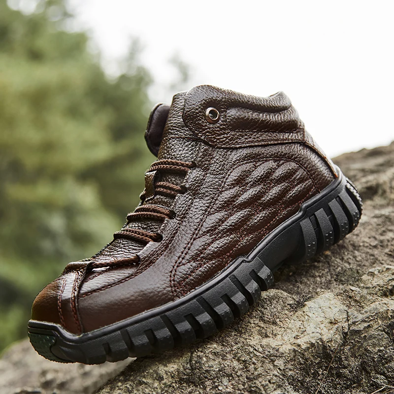 Waterproof Trekking Mountain Shoes Outdoor Hunting Tourism Hiking Shoes Genuine Leather Climbing Men Sneakers Plus velvet warm