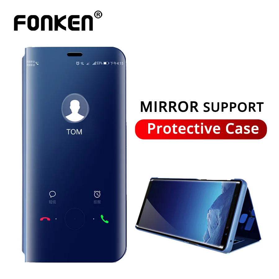 Mirror Flip Phone Case For Samsung Galaxy S8 S10 Note9 Cover Thin Clamshell Smart Call Answer Phone Holder Stand Glass Cases