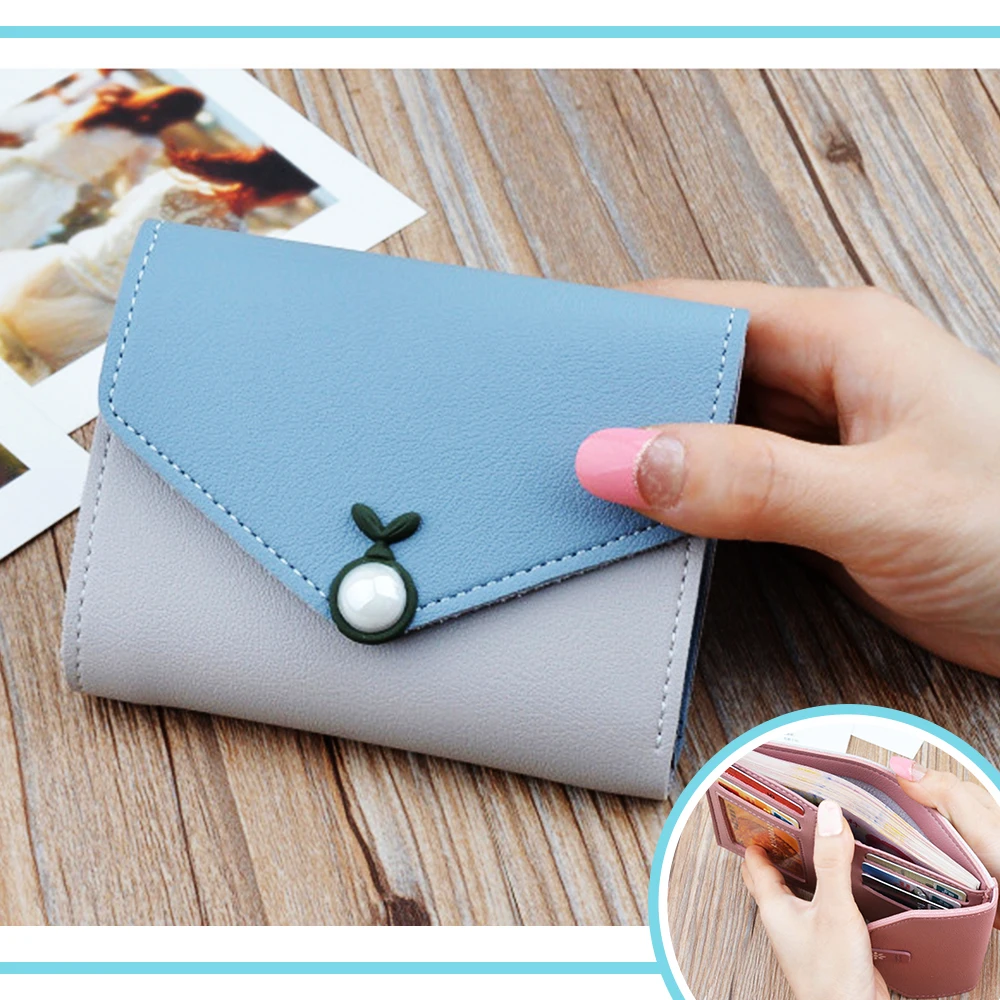 

Small Cute 3Fold Hasp Women Gril Purse Sprout Pearl Panelled RFID Snap Cash Coin ID Window PU Wallet Triangle Cover Clutch