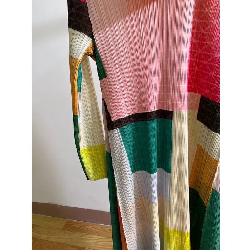 Осень Miyake fold Высокий воротник печати большой размер тонкий длинное платье