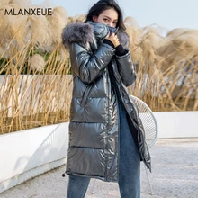 Однотонное меховое длинное пуховое пальто, женская Светоотражающая куртка, глянцевая парка с капюшоном размера плюс, пальто для женщин, Harajuku, теплые белые пуховики на утином пуху
