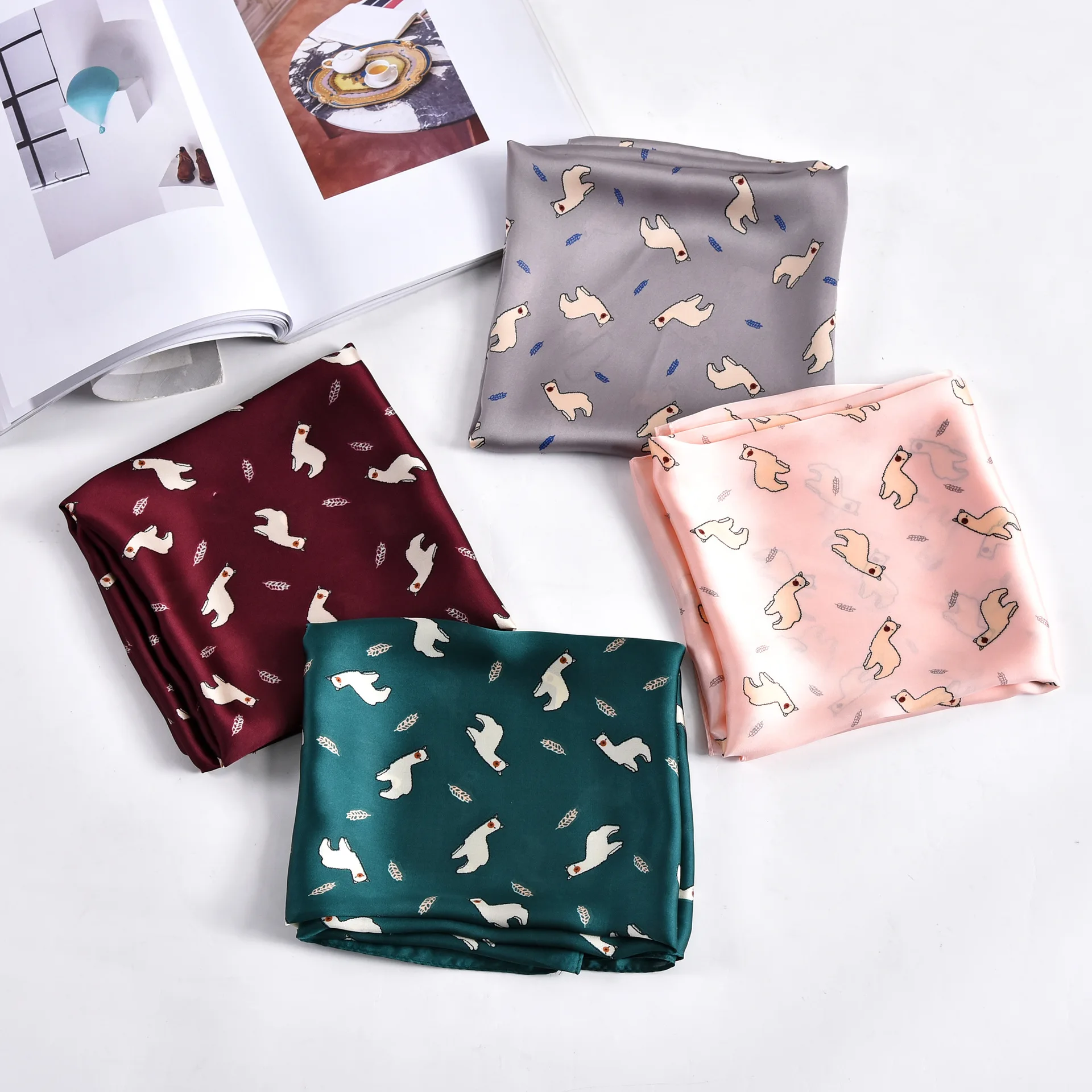 ladies animal alpaca printed multifunctional handle bag hair wraps muslim hijab handkerchief head bandana square silk scarf |