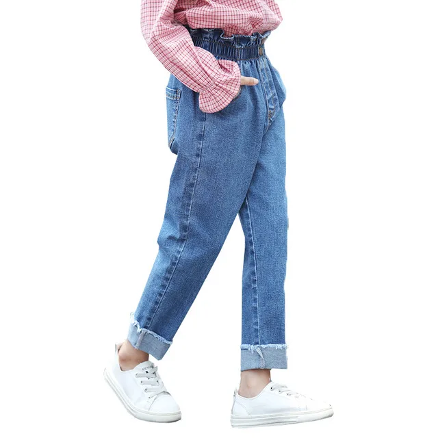 

4-11 Years Big Girls Jeans Casual Korean Elastic Waist Denim Pants Autumn High Quality Children Harem Pants Jeans for Girls 2019