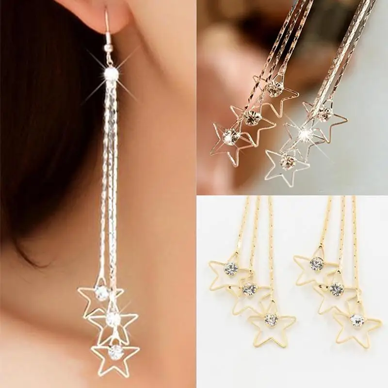 Long Dangle Earrings Elegant Party Jewley Rhinestone Pentacle Drop 3 Layers Chain Tassels Linear Exaggerated Statement | Украшения и