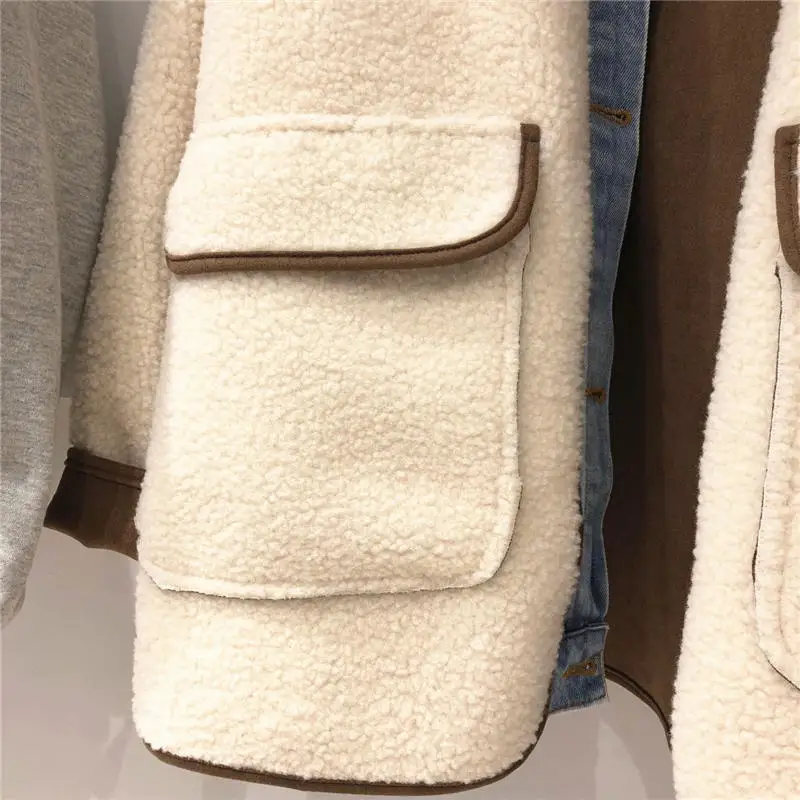 Autumn Winter Lambs Wool Coat Women Patchwork Denim Turn Down Collar Jacket Female Loose Outerwear Overcoat Abrigos Mujer