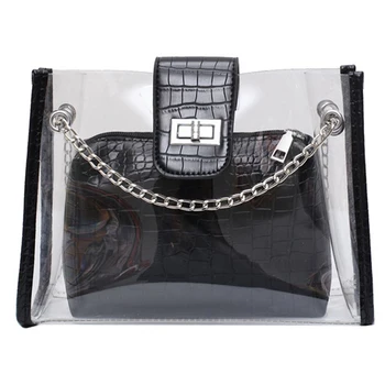 

2020 Transparent Bag Pvc Women Handbags Black White Big Fashion Bag Korean Chain Female Ladies Shoulder Bag New Pattern