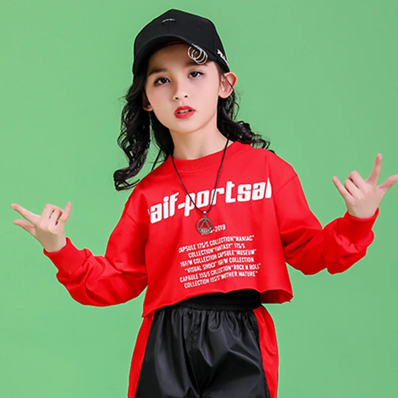 Jazz Dance Costumes Hip Hop Kids Long Sleeve Hooded Crop Top Jogger Pants Girls Hiphop Clothes Street Dance Stage Show Wear (20)