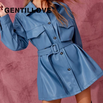 

Gentillove Blue PU Leather Short Dress With Belt Women Oversized Streetwear Jacket Vintage Slim A-Line Dress Outwear 2020 New