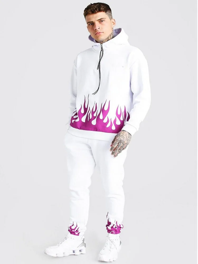 

New Red Flame Style Sport Sets Casual Print Zip Hip hop Sports Muscle Men's jogger FashionHooded 2 piece Sets + Trousers