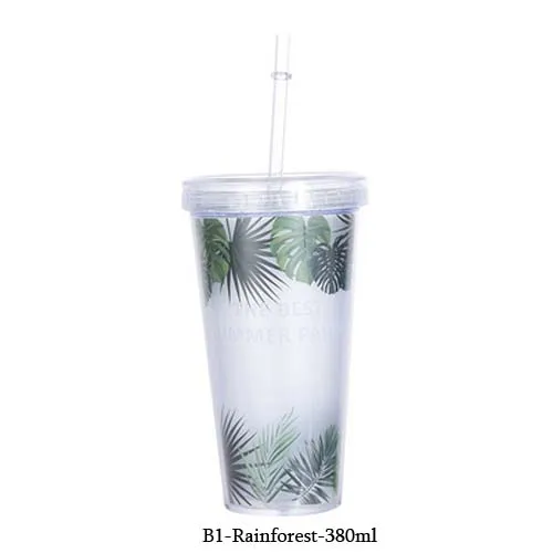 B1.Rainforest Позолоченная ананас кружка BPA бесплатно пластиковая двухслойная бутылка для воды с соломинкой портативная чашка для сока кофе молока посуда для напитков - Цвет: B1.Rainforest