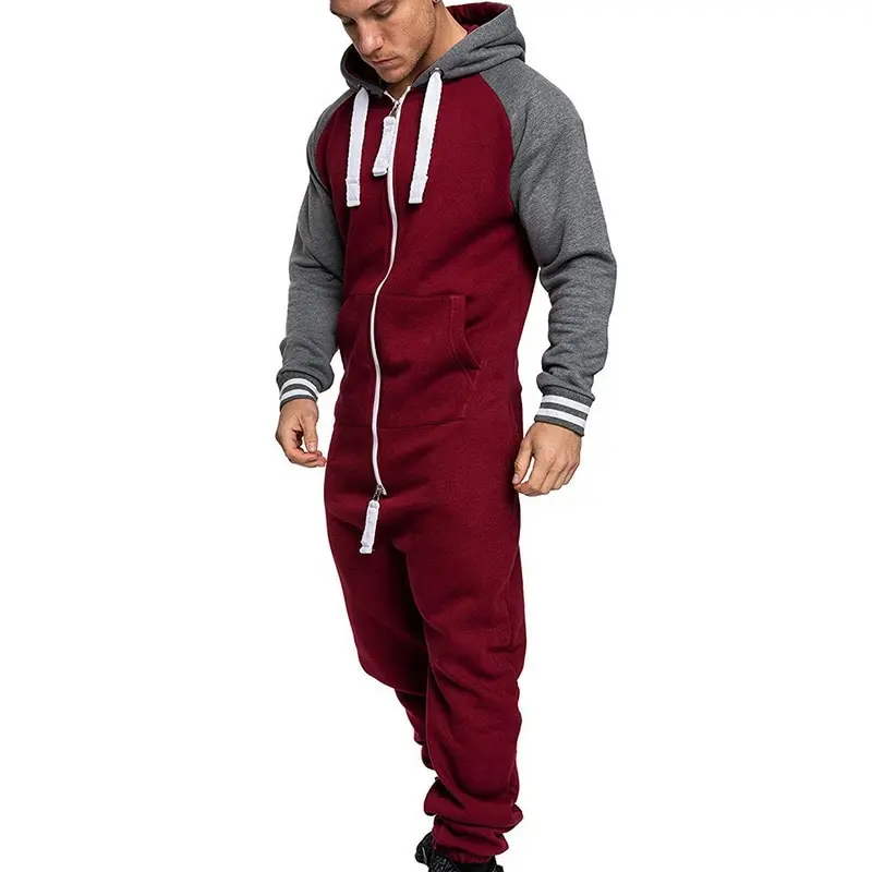 2022 Mens One-piece Garment Pajama Men Solid Splicing Jumpsuit Playsuit Zipper Hoodie Male Patchwork  Jumpsuits Overalls Hombre mens silk pajama set