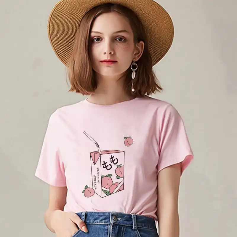 Kawaii Rosa Estate Casual Tumblr Abito Di Moda Magliette E Camicette Del Fumetto Succo Di Pesca Japanses Estetica Grunge T Delle Donne Della Camicia Harajuku Carino Magliette Aliexpress