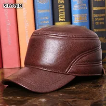 SILOQIN мужская шляпа из натуральной кожи армейские кепки кости зимние регулируемые наушники теплые первый слой воловья плоская кепка Gorro Hombre
