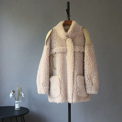 Deep Beige OFTBUY парка зимняя куртка Женское пальто из натурального меха тканая шерсть плюшевый флис медведь плюшевая замша уличная мода - Цвет: Deep Beige