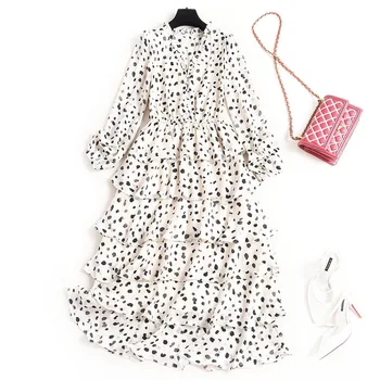 

Women bohemian dress new 2020 spring summer V-neck ealstic waist dot print long sleeve tiered ruffles chiffon midi dresses black