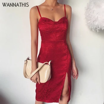 

WannaThis Red V-Neck Spaghetti Strap Sleeveless Knee-Length Dresses Satin Split Hem Sexy Backless Fashion Summer Party Dresses