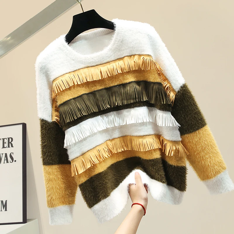 Многослойный шерстяной свитер с кисточками, женский свитер в полоску, осенне-зимние теплые свитера, джемпер Femme Jersey Mujer