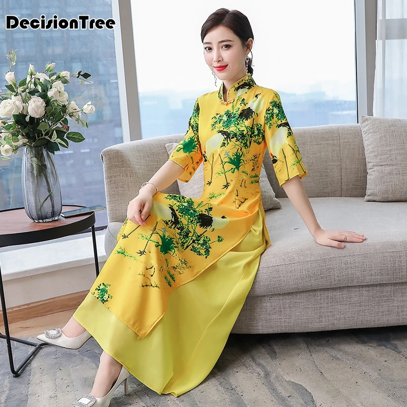 Женский шифоновый aodai вьетнамская традиционная одежда ao dai вьетнамские халаты и брюки цельный комплект женских платьев Улучшенный Чон