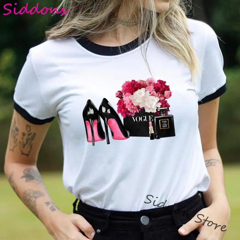 Женская футболка на высоком каблуке с цветочным принтом|Футболки| |