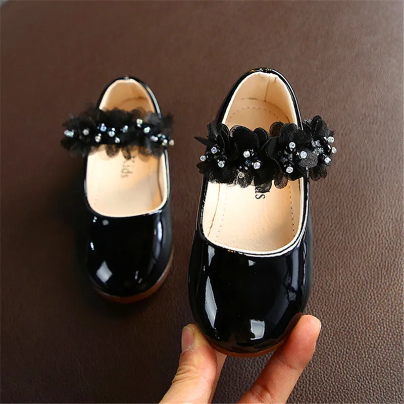 Children Kids Baby Shoes Girls Rhinestone Flowers Student Anti-Slip Charming Soft Dance Princess Elegant Fashion Leather Shoes
