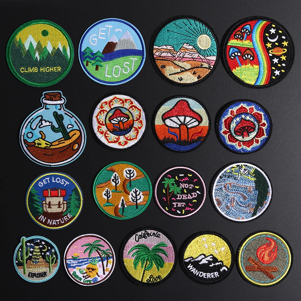 

1PCS Punk camping desert Embroidered Appliques Iron On Forest Mushroom Patches Diy drifting bottle Summer pineapple Round Badges