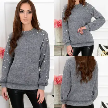 

Women Knitted Solid Round Neck Pearl Oversized Loose Sweater Crew Neck Cashmere Jumper Ladies Winter knit Long Pullover Tops