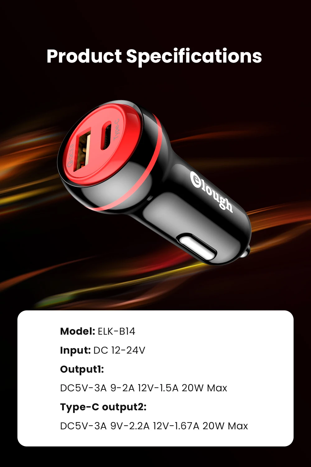 Elough Dual USB Car Charger Quick Charge 3.0 QC3.0 Fast Charging PD 40W Type C Car Charger For iPhone Xiaomi Huawei Mobile Phone usb c car charger