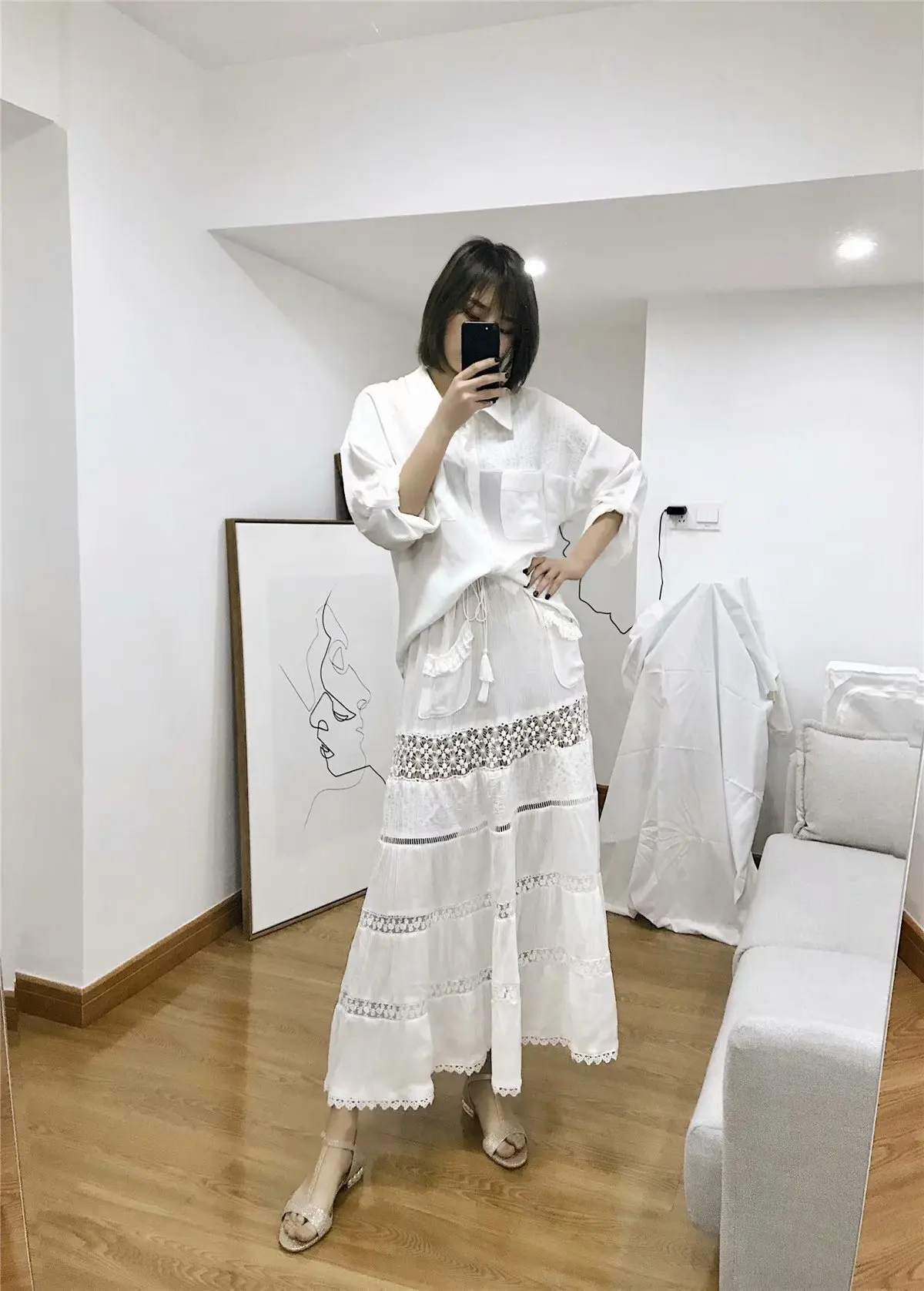 

Spring And Summer New Style Korean-style Lace Joint Embroidered Hollow out High-waisted Slimming White Skirt Skirt Fairy Skirt