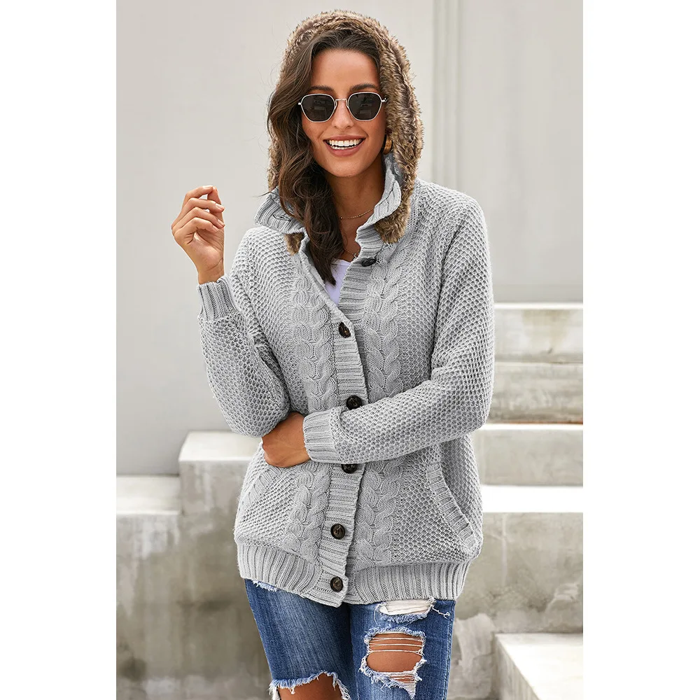

Autumn And Winter New Style Knitted Cardigan Women's Europe And America Large Size Fashion Solid Color Sweater WOMEN'S Dress Hoo