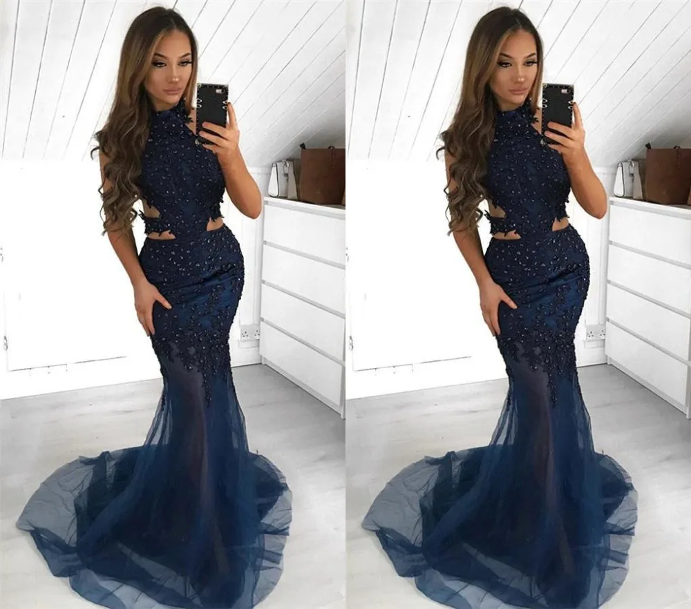 Vestido Noche Elegante ярко-синий тюль вечернее платье-Русалка Холтер свадебное длинное вечернее платье плюс размер женское вечернее платье
