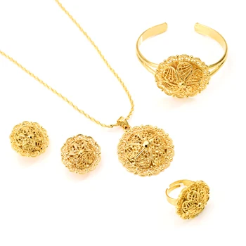 

Ethiopian geometry round flower Pendant Earrings Jewelry sets Gold Color African Wedding bridal Women Habesha party Gift