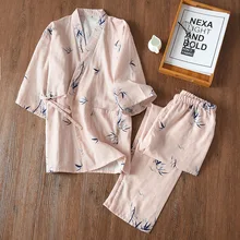 Japanese Couple Kimono Women Pajama Sets Spring Fresh Bamboo Print Thin 100% Gauze Cotton Keep Warm Robes Women Sleep Indoor