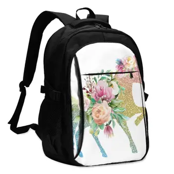 

Hot USB Charging Laptop Women's Backpack For Teenage Students Backpack Golden Magic Unicorn With Flowers Bouquet Travel Bagpack
