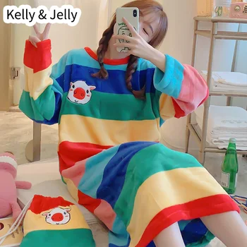 

Autumn/winter nightdress women's coral velvet ins Korean loose large cartoon rainbow flannel nightdress women's home clothes