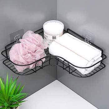 

New Multifunction Wall Mounted Bathroom Punch-free Corner Black Shelf Wrought Iron Shelf Corner Storage Shelves