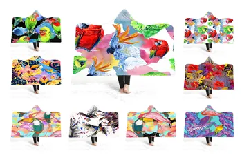 

Free shipping Gift Tropical Plant Flower Parrot Toucan Pattern Plush Hooded Blanket Adults Kids Warm Fleece Travel Sofa Throw