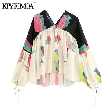 

KPYTOMOA Women 2020 Fashion Print Loose Irregular Chiffon Blouses Vintage Tied V Neck Long Sleeve Female Shirts Blusas Chic Tops
