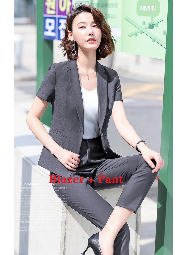 Blazer and Pant Set Летний деловой черный Блейзер, женские деловые костюмы, комплект из брюк и пиджака, комплекты одежды для работы, Офисная Женская одежда с коротким рукавом - Цвет: Blazer and Pant Set