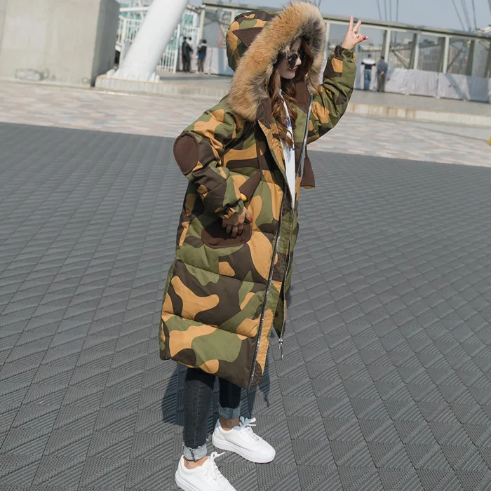 

2019 Winter New Style Camouflage Raccoon Fur Collar Mid-length Thick Cotton-padded Clothes Cotton Coat Women Jacket Coat