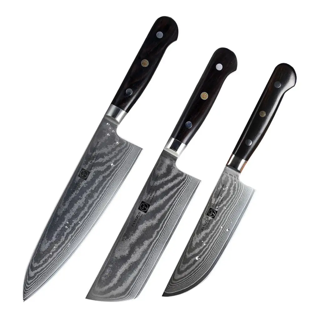 3PCS Knife FANGZUO 3 шт. набор дамасских кухонных ножей VG10 японский стиль для очистки овощей утилита Nakiri поварской нож для тонкой нарезки с эбеновой ручкой Кливер - Цвет: 3PCS Knife