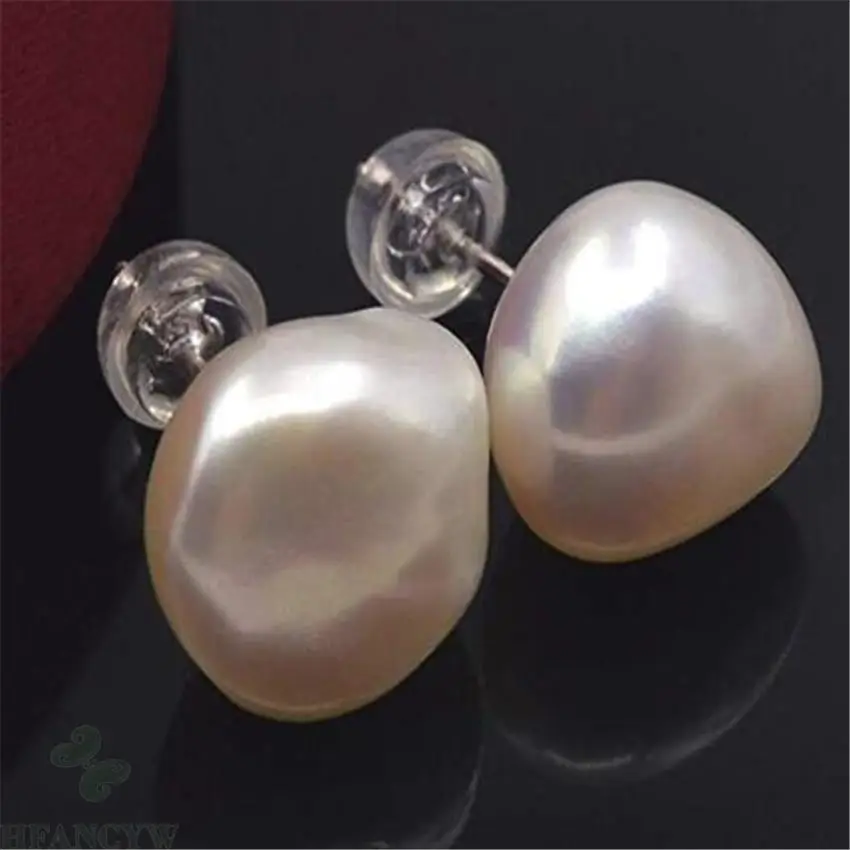 Fashion 11-12mm White Baroque Pearl Earrings 18k Ear Stud Flawless Earbob 
