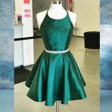 Атласные Короткие платья для выпускного бала для молодых Охотник зеленый спинки Выпускные Формальные платья с карманами