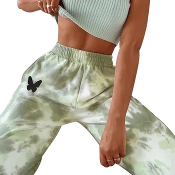 

Women’s Casual Pants, Tie-Dye High-Waist Loose Trousers with Stylish Butterfly Printing, Sportswear, Green/Blue
