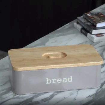 

Storage Boxes Bread Bins with Bamboo Cutting Board Lid Metal Galvanized Snack Box Handles Design Kitchen Containers