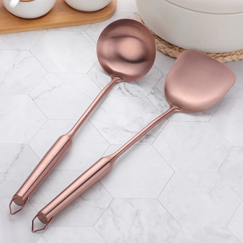 rose gold set 2 шт. посуда из нержавеющей стали с длинной ручкой Европейская лопатка большая ложка наборы суповая ложка многоразовая кухонная лопатка Тернер посуда - Цвет: rose gold set