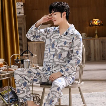 

Spring Knitted Mens Pajama Set Cardigan Fold-down Collar Middle-aged Tracksuit Autumn MEN'S Wear Long Sleeve Pajamas