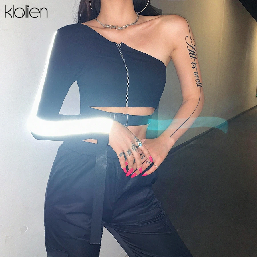 

KLALIEN Punk black off-shoulder long sleeve Reflective crop tops women Zipper T-shirts 2020 hot sale slim streets casual tees