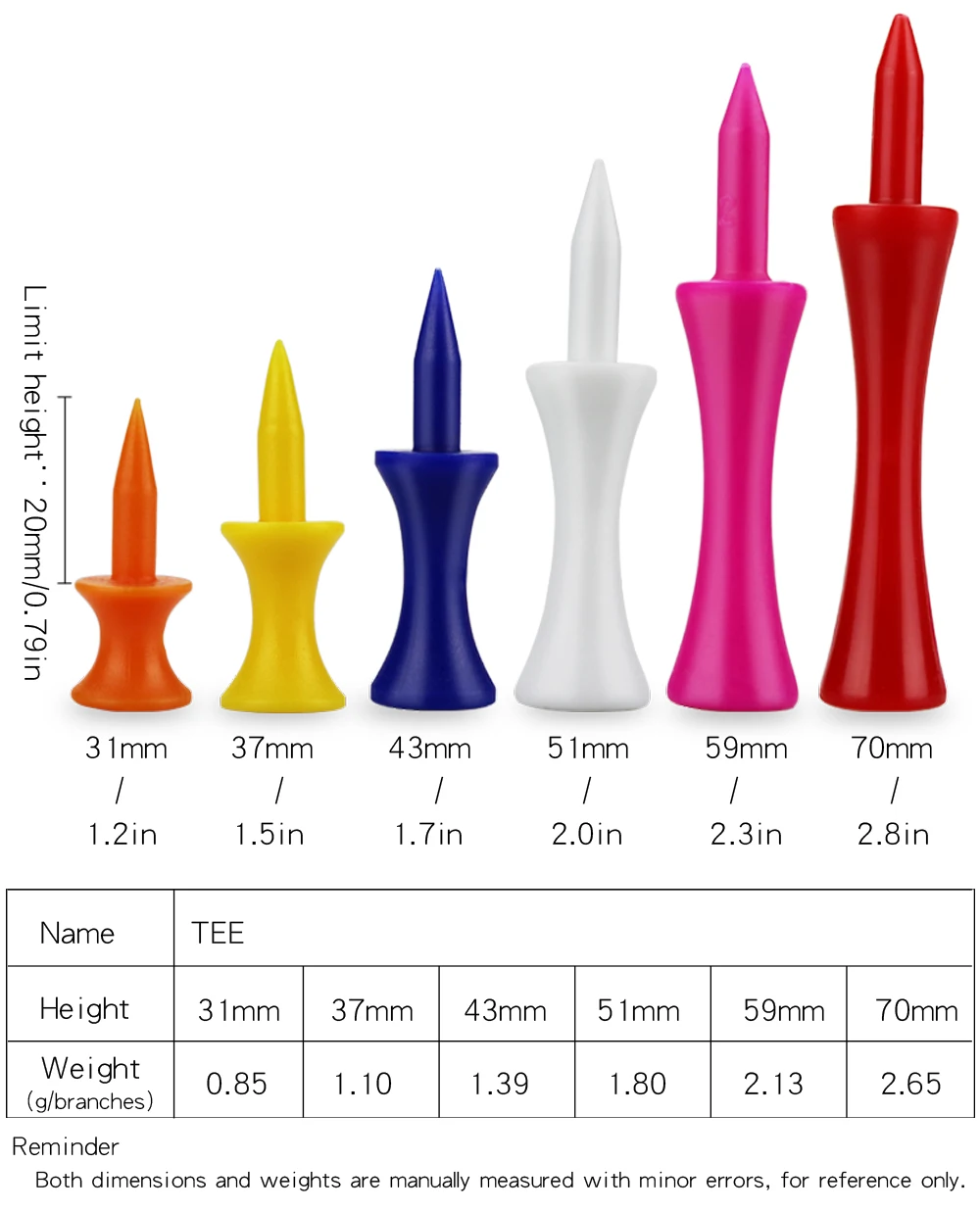 Description Picture 3 of itemPlastic 50pcs/bag Step Down Golf Tees new multicolor Golf Tee Colorful Best for all Over Sized for golfer gift 6 sizes