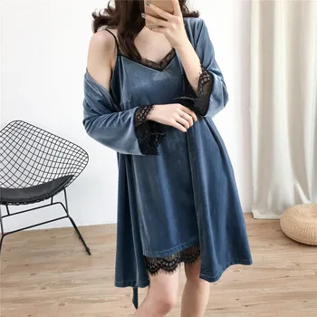 

Women Robe Set Nightwear Nightgown Lace Patchwork Velvet Casual Soft Kimono Bathrobe Gown Sleepwear Sexy Home Dressing With Belt